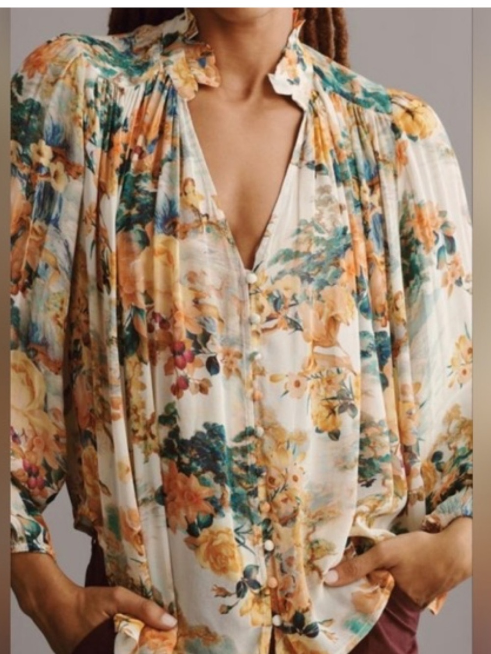 Anthropologie Estrela sheer floral landscape print v-neck flowy Blouse, S